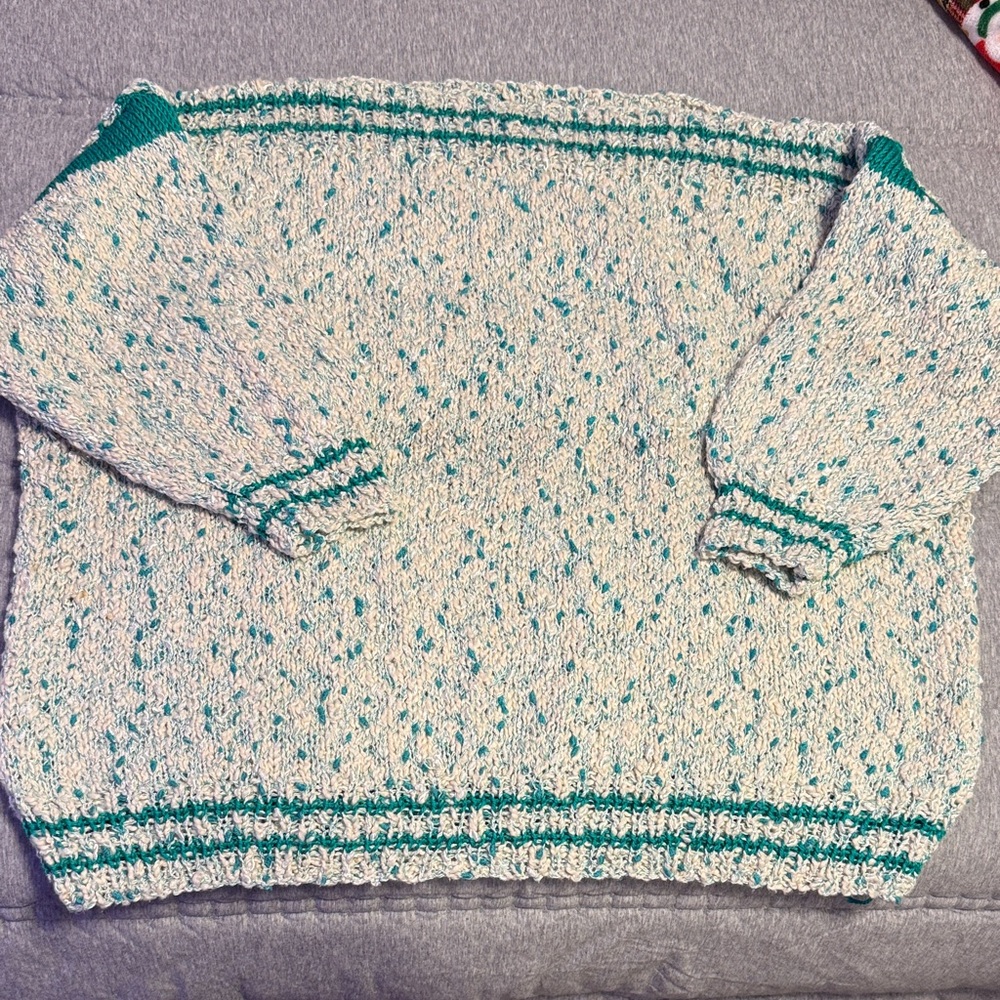 Women's Handmade Vintage Speckled Sweater with Teal Accents
